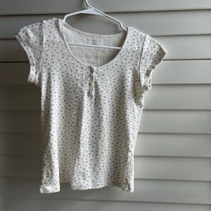 Brandy Melville Blue Floral Eyelet Three Button Scallop Trim Top